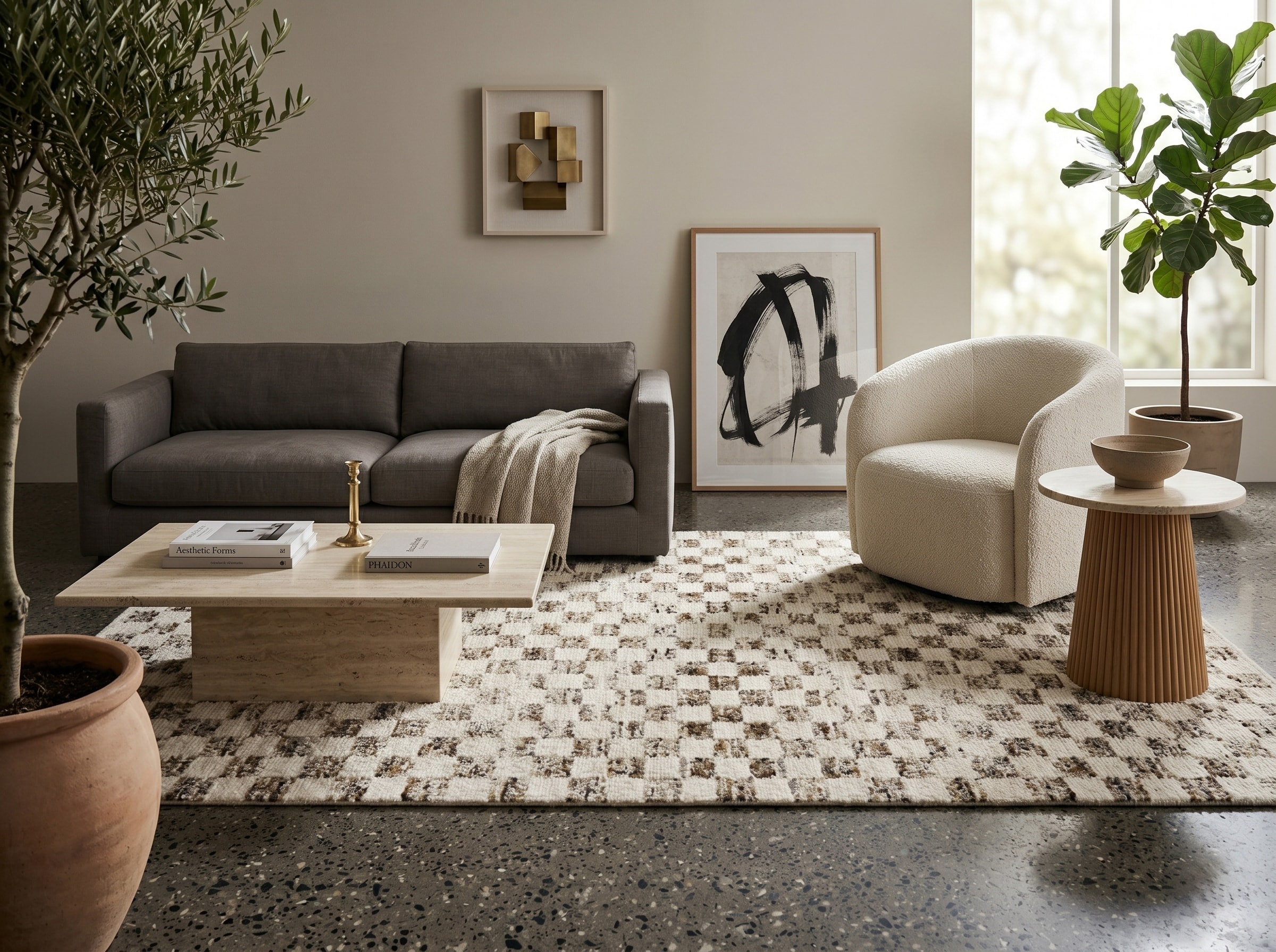 Quality checker measuring pile height on a hand-tufted rug before shipment