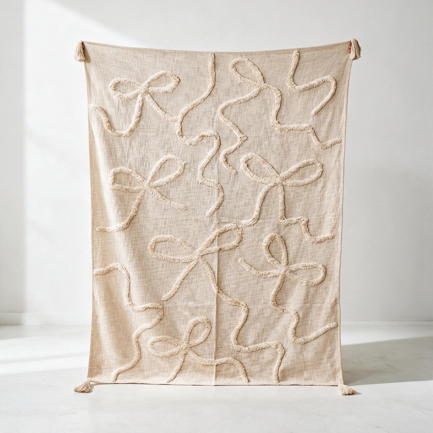 STCT-116 solid neutral hand-tufted cotton throw styled in a lobby setting