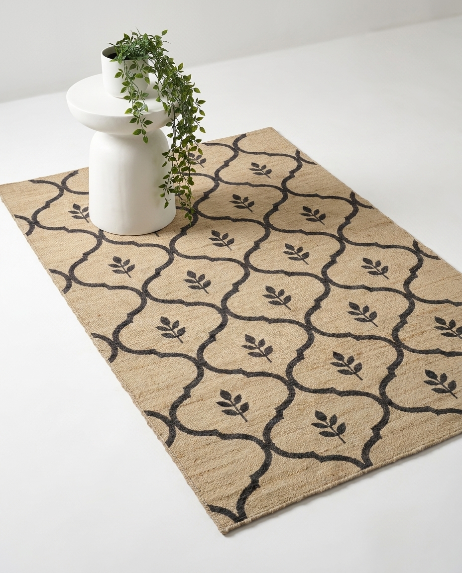 Trellis Leaf Jaal AJD-26025 hand-braided jute rug styled in a room
