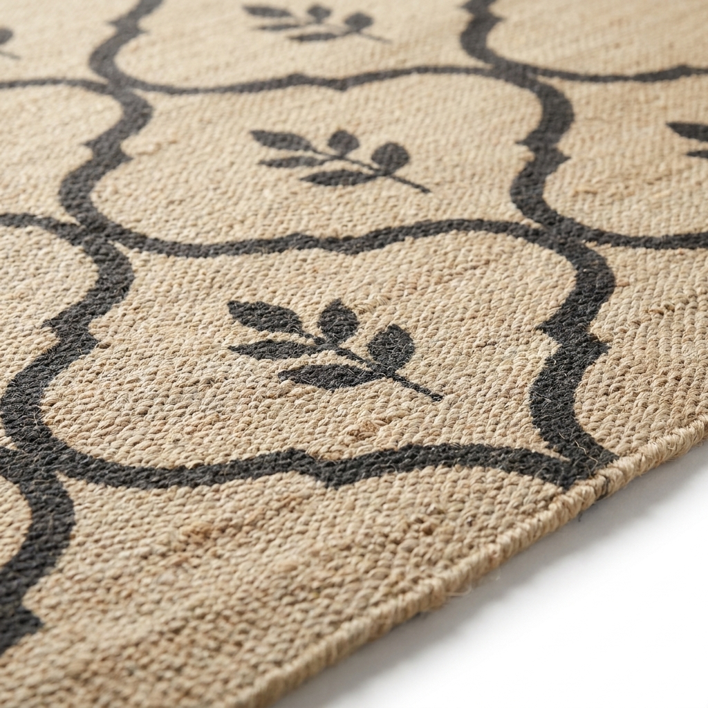 Close-up of the panja weave on the Trellis Leaf Jaal jute rug AJD-26025