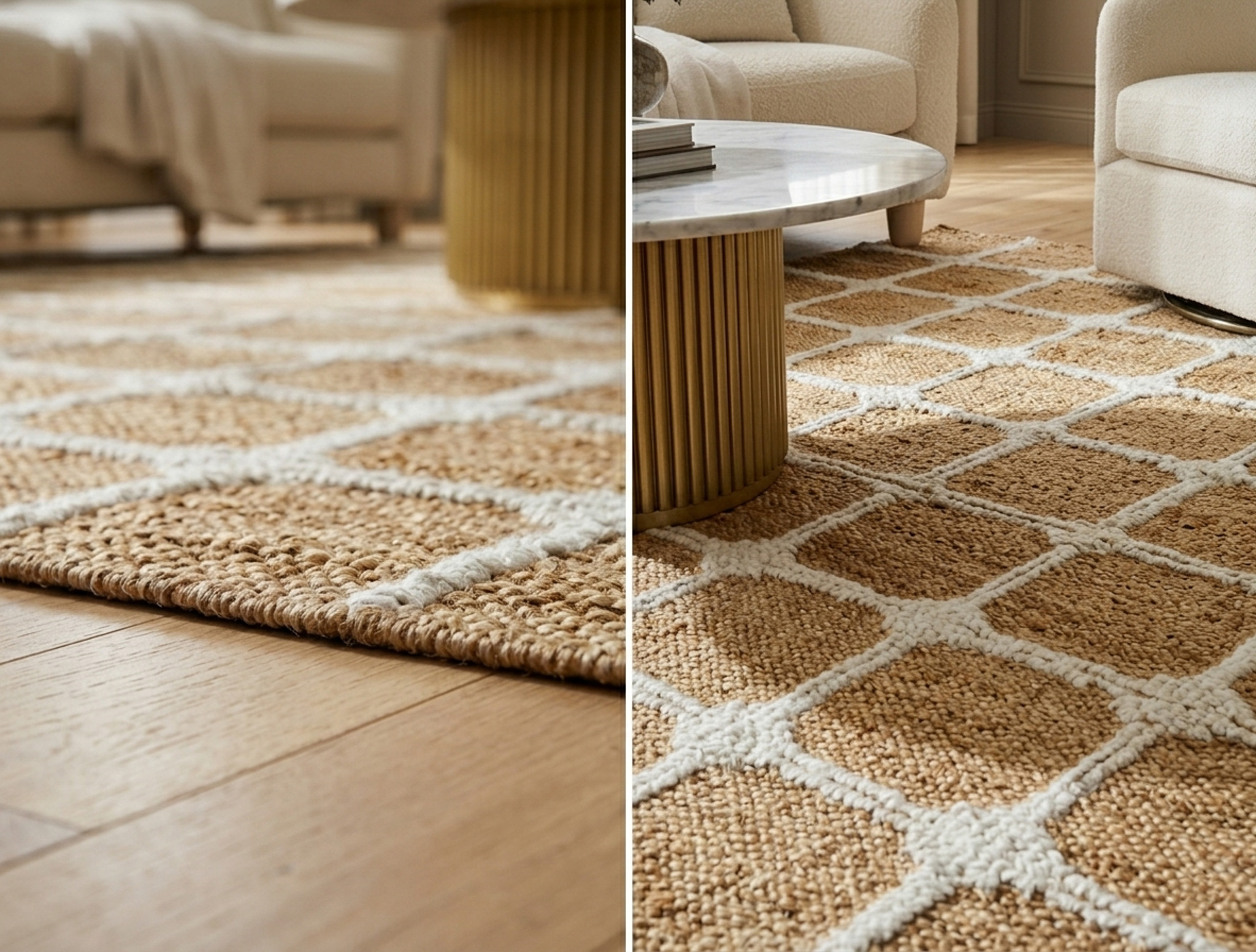 Close-up of panja-woven stepped diamond pattern on a rectangular jute rug