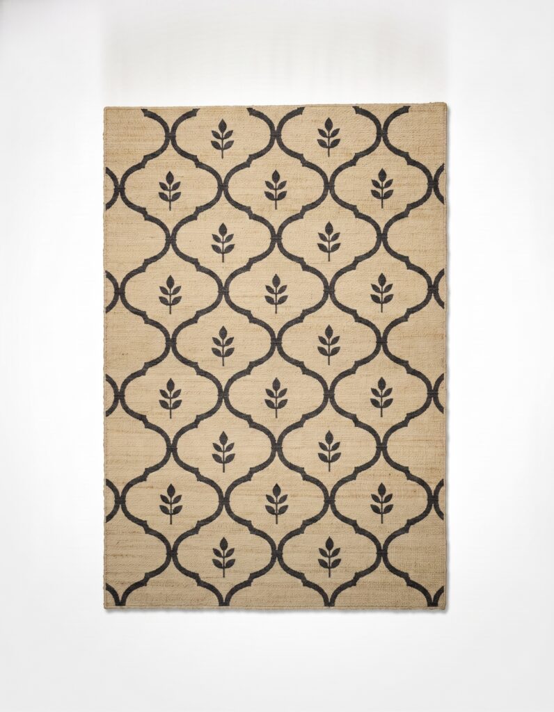 Trellis Leaf Jaal handwoven jute rug AJD-26025, studio shot on white background