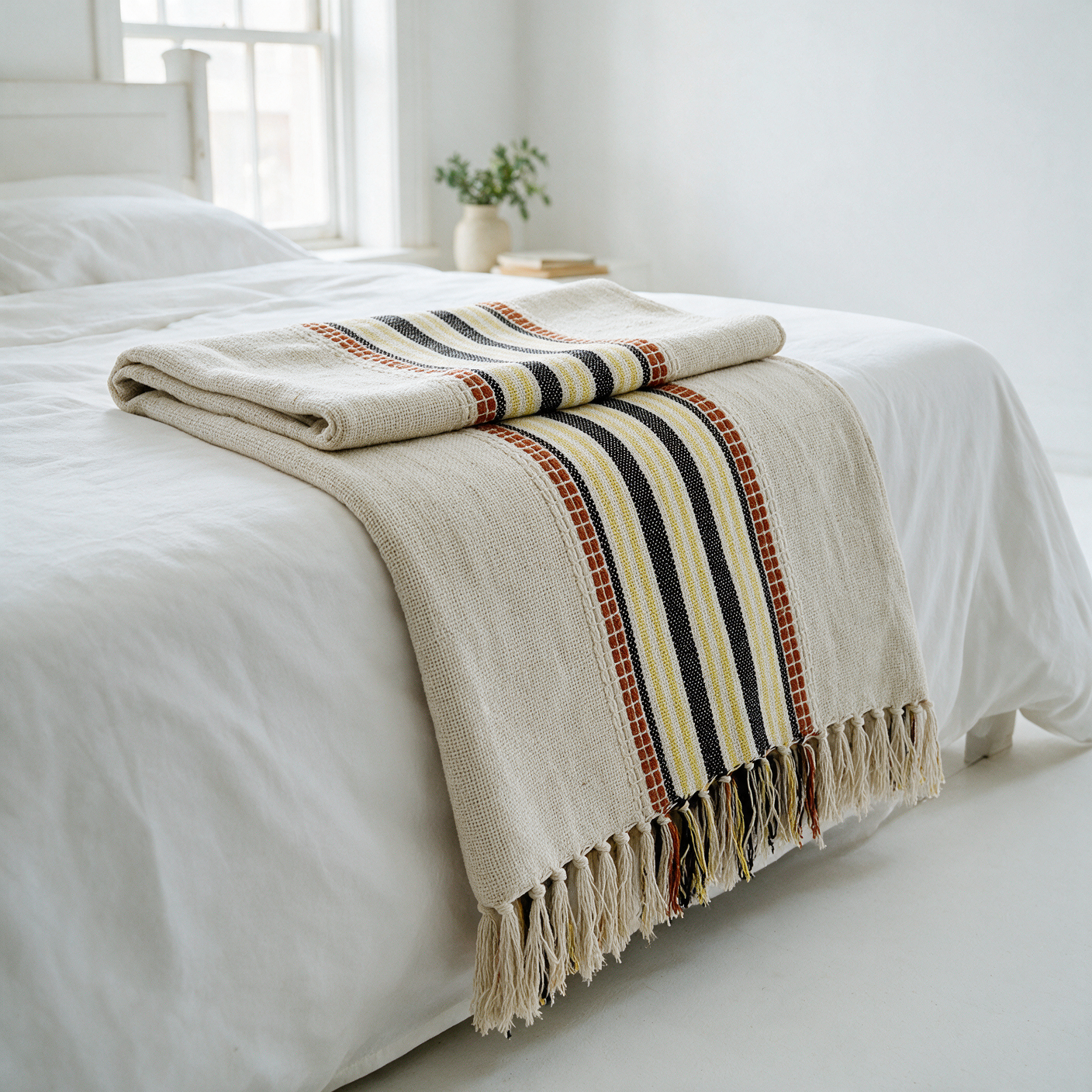 Cotton throw STCT-149 folded at the foot of a bed in a styled bedroom setting