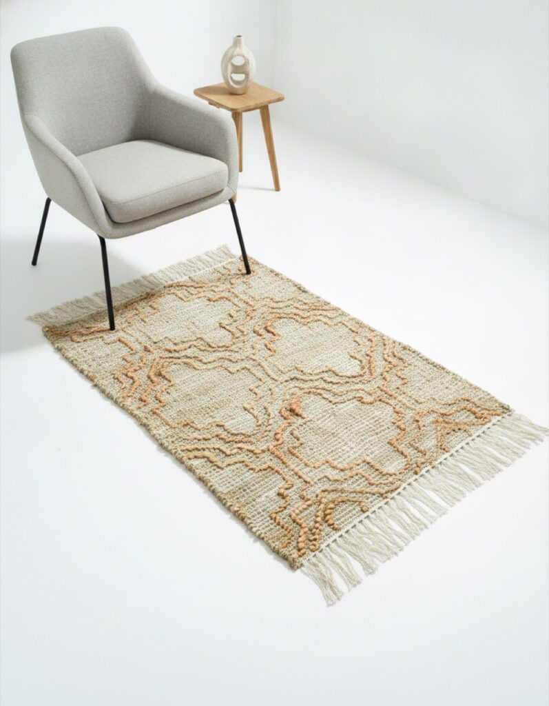 Handwoven cotton bathmat styled in a bathroom setting