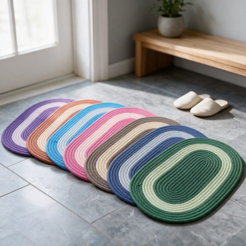 Colourful handbraided chindi rug in a styled living room