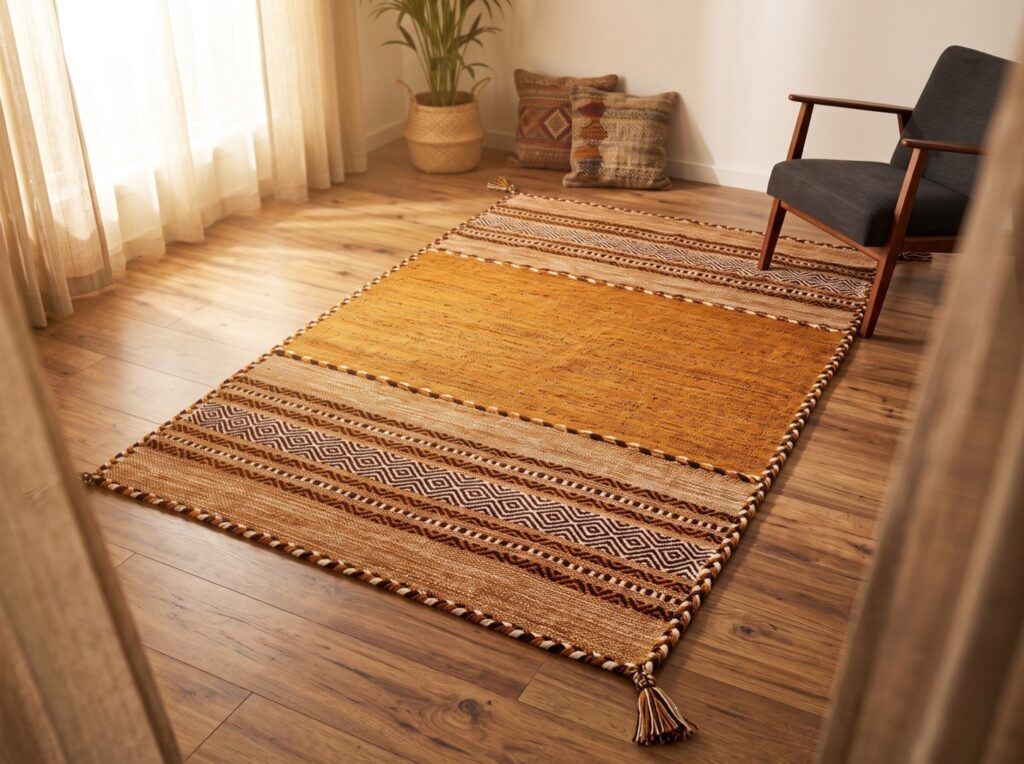 Hand-knotted kilim seat rug on a wooden chair
