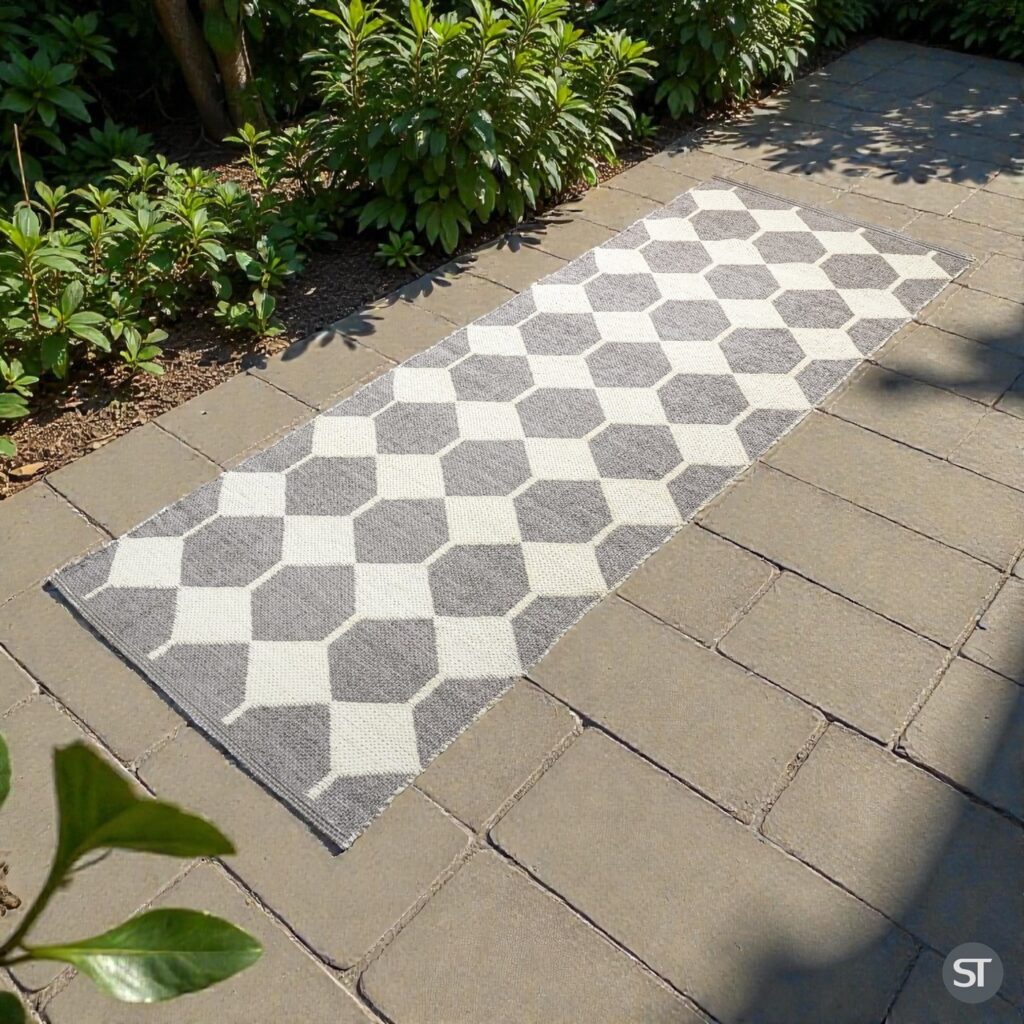 Pink flatweave outdoor rug on a stone patio