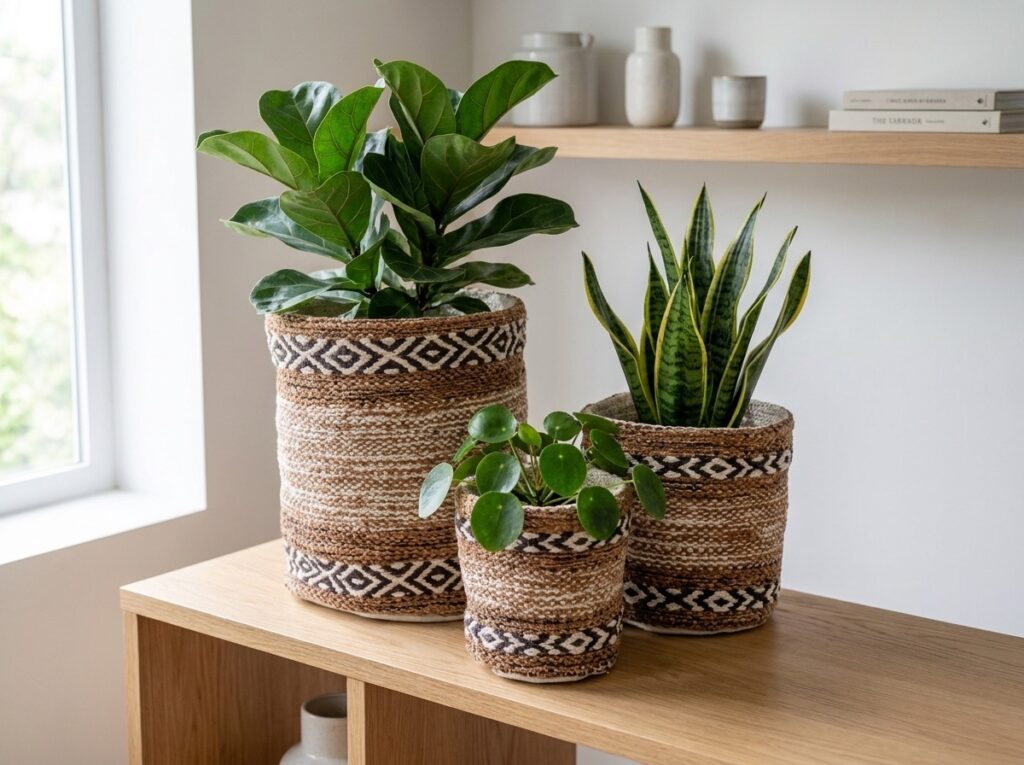 Handwoven basket styled in a room, made in India for wholesale