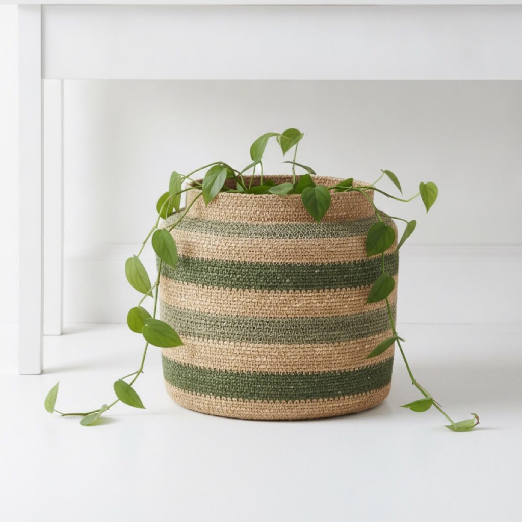 Handwoven basket styled in a room, made in India for wholesale