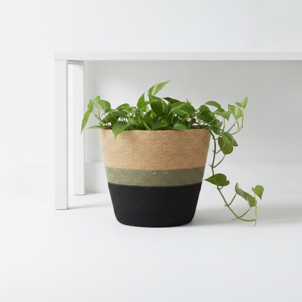 Handwoven basket styled in a room, made in India for wholesale