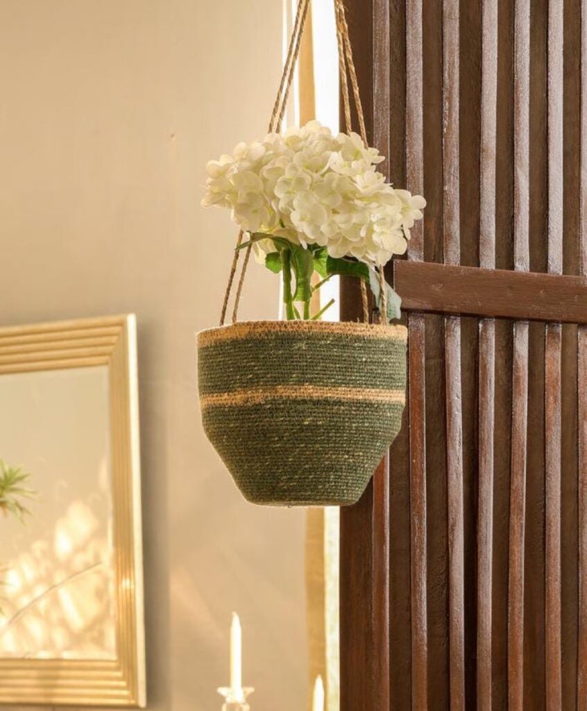 Handwoven basket styled in a room, made in India for wholesale