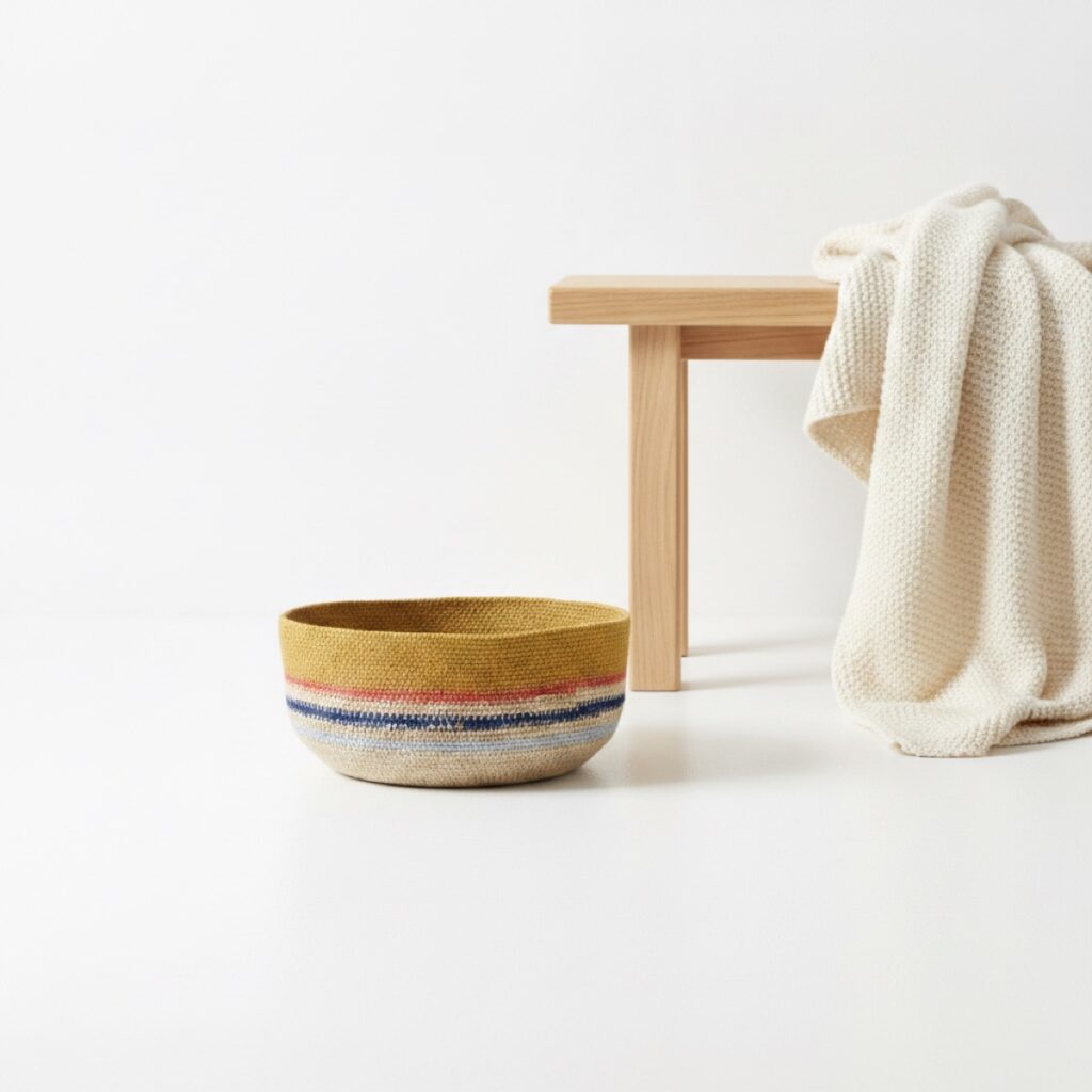Handwoven basket styled in a room, made in India for wholesale