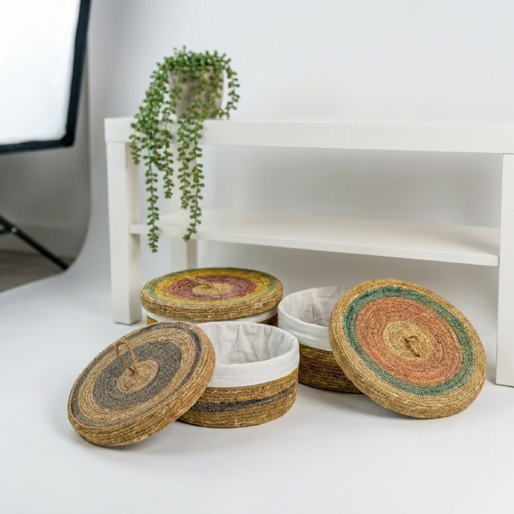 Handwoven basket styled in a room, made in India for wholesale