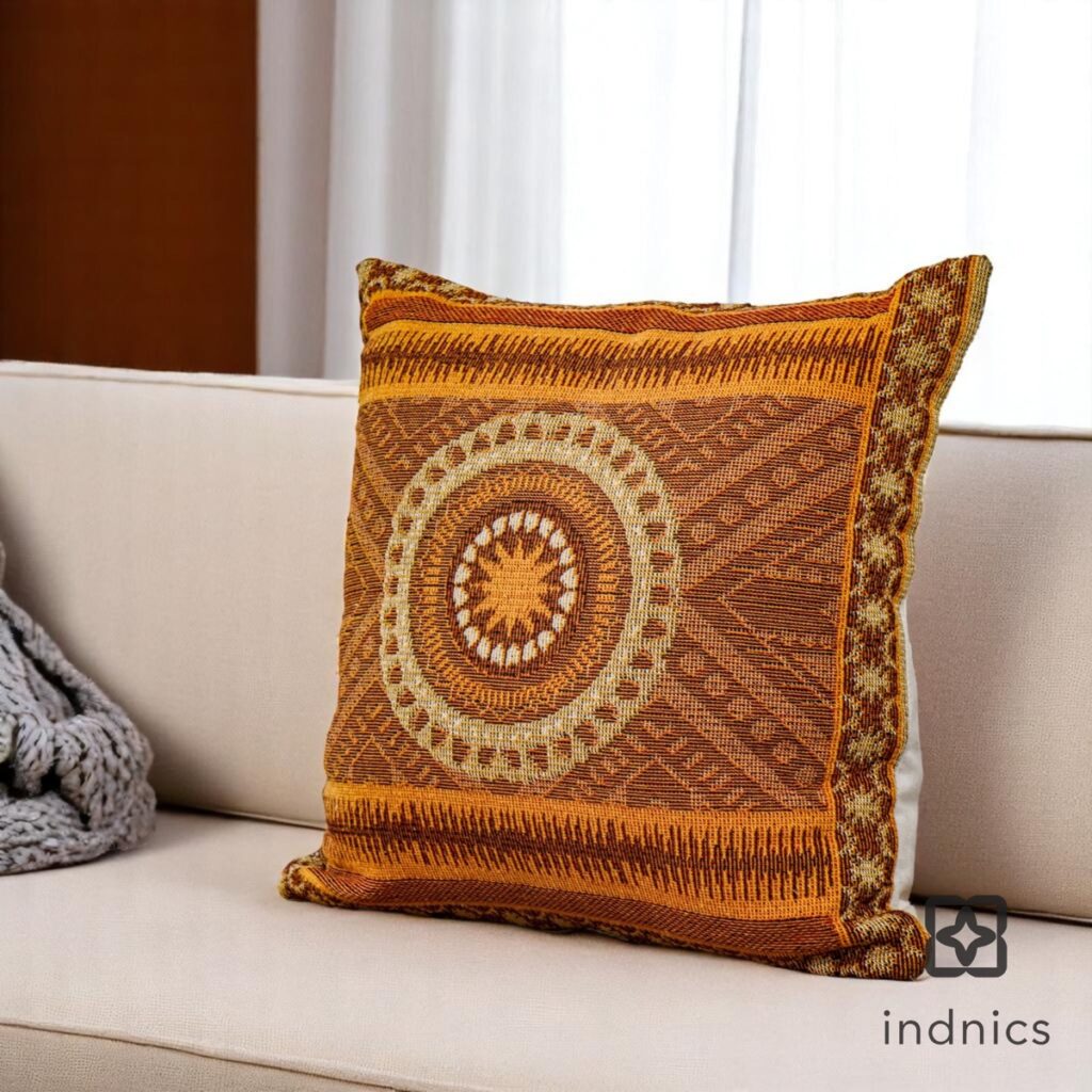 Handmade cushion styled on a sofa, made in India for wholesale