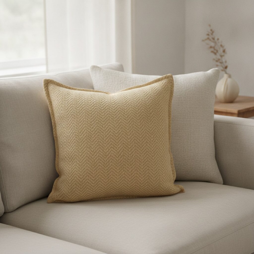 Handmade cushion styled on a sofa, made in India for wholesale