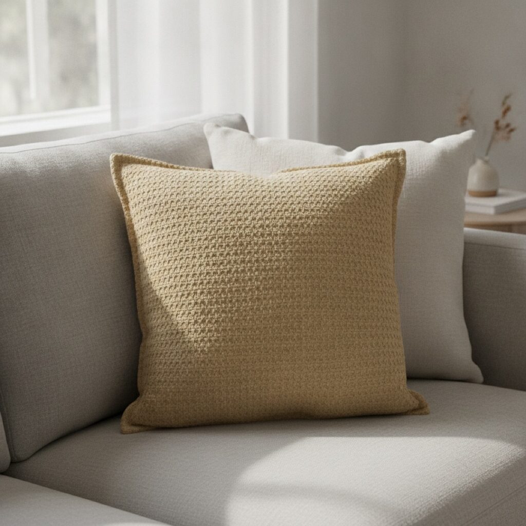 Handmade cushion styled on a sofa, made in India for wholesale