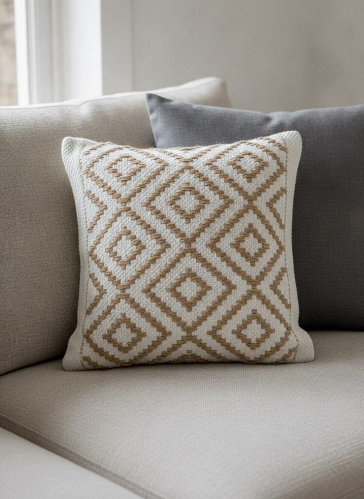Handmade cushion styled on a sofa, made in India for wholesale
