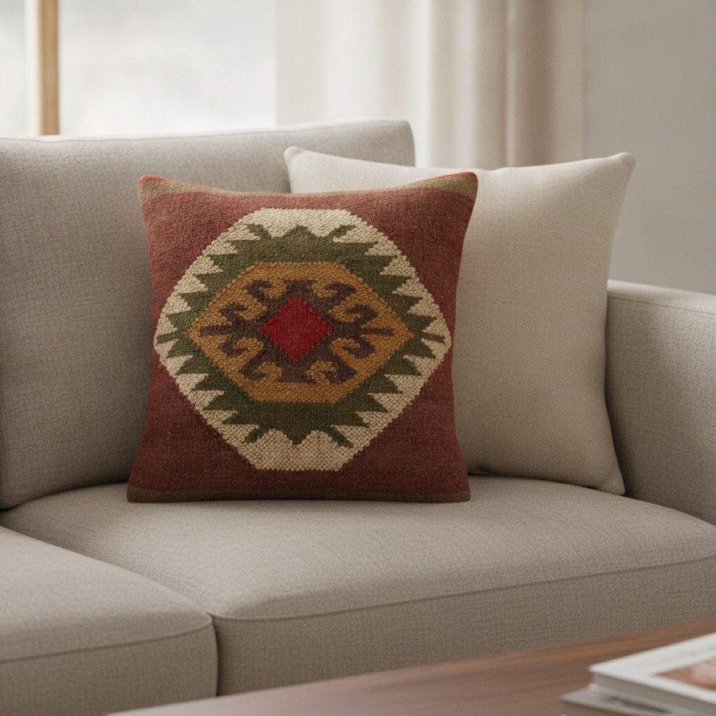 Handmade cushion styled on a sofa, made in India for wholesale