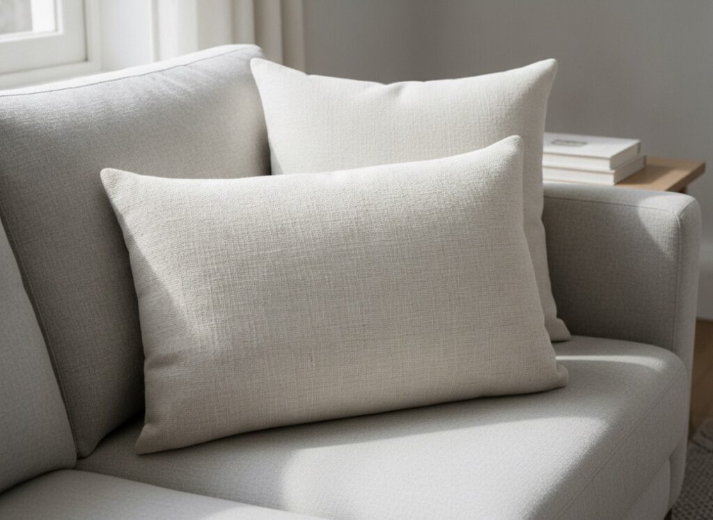 Handmade cushion styled on a sofa, made in India for wholesale