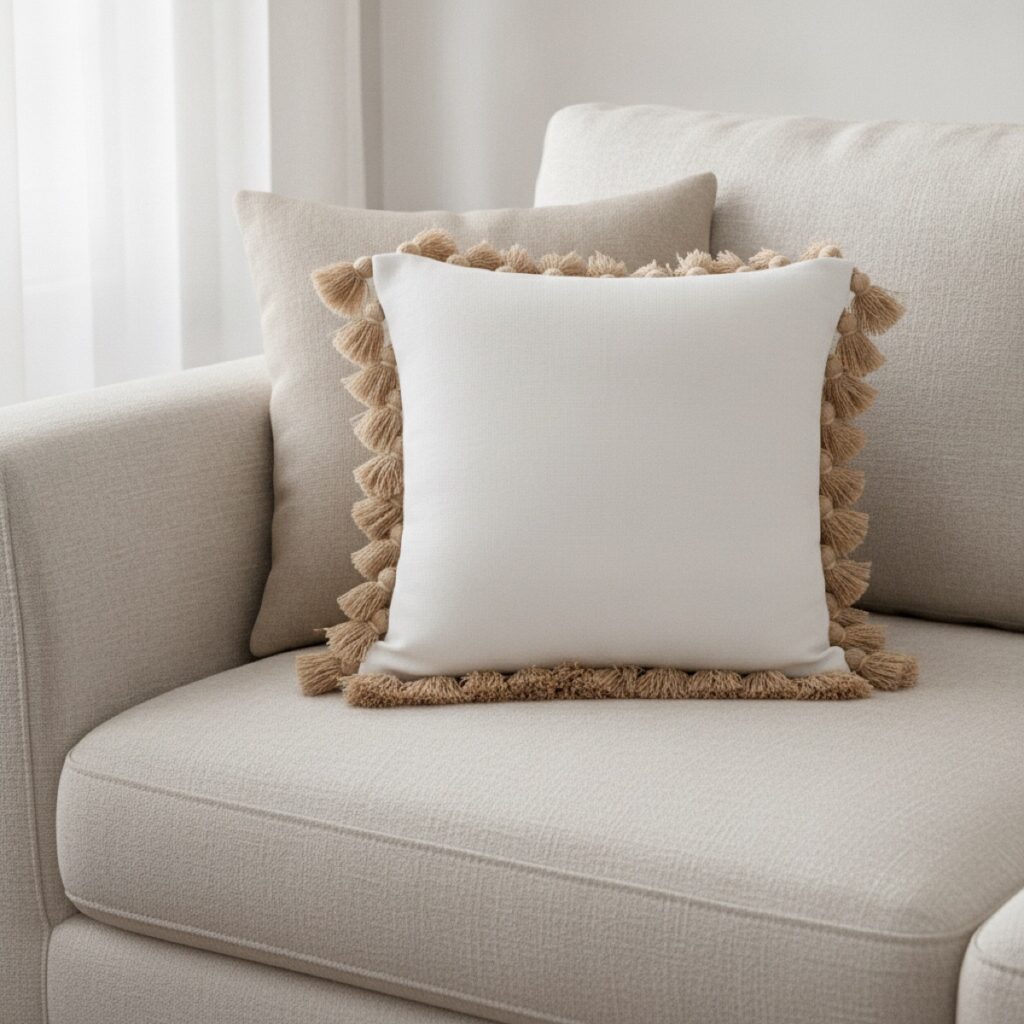 Handmade cushion styled on a sofa, made in India for wholesale