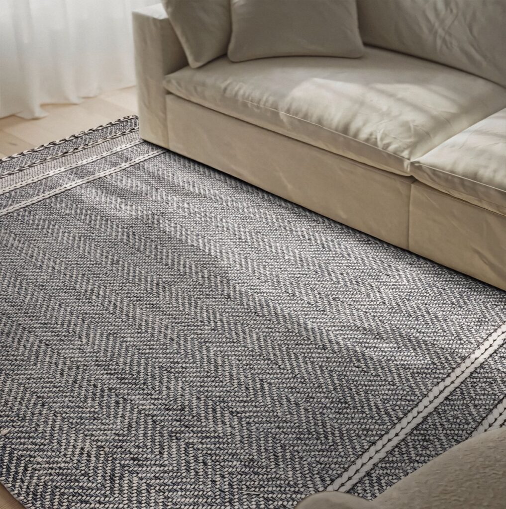 Handmade rug styled in a room, made in India for wholesale