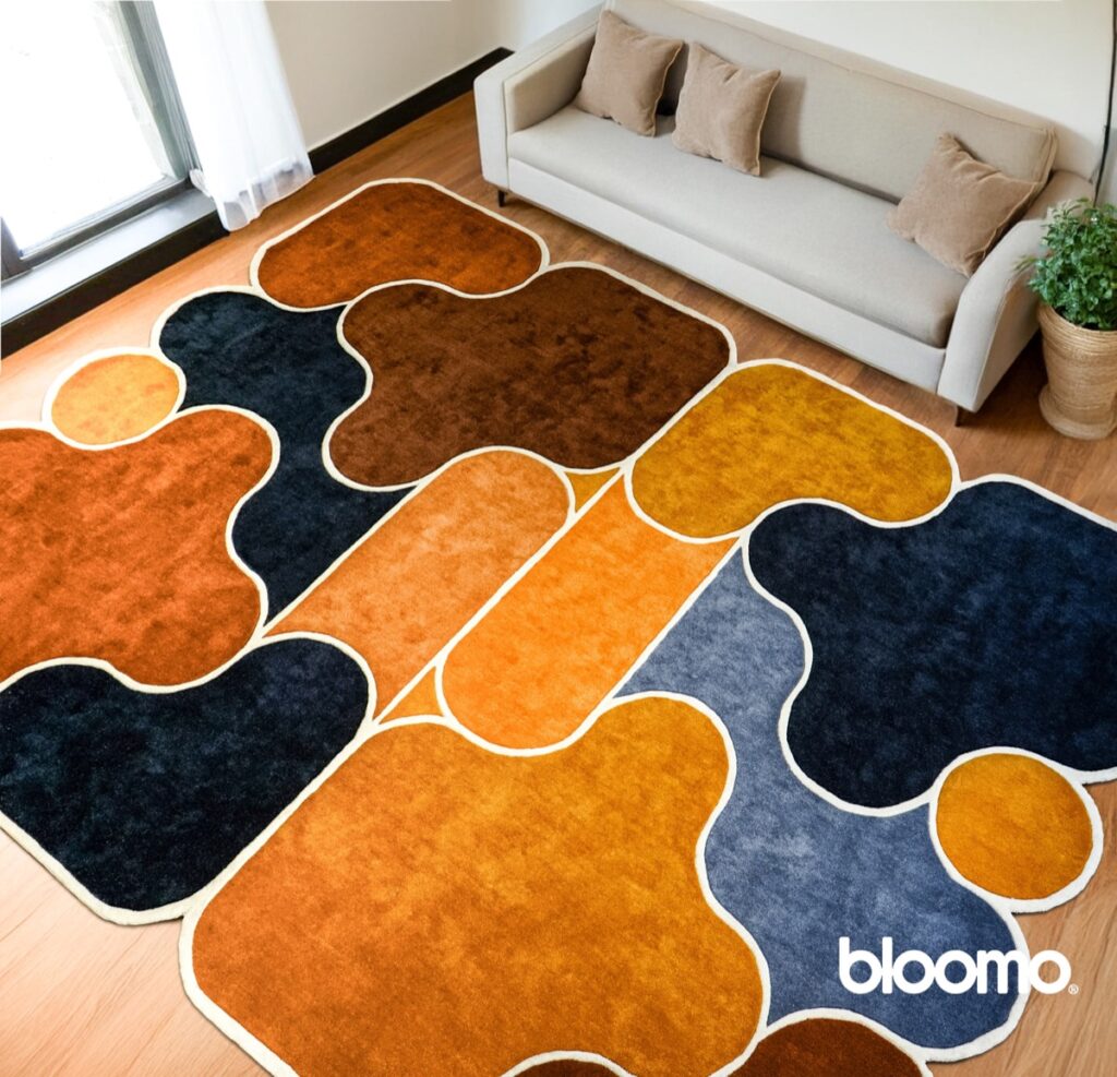 Handmade rug styled in a room, made in India for wholesale