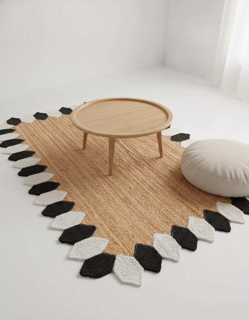 Handmade rug styled in a room, made in India for wholesale