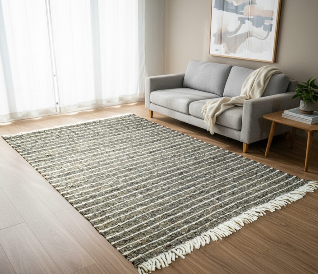Handmade rug styled in a room, made in India for wholesale