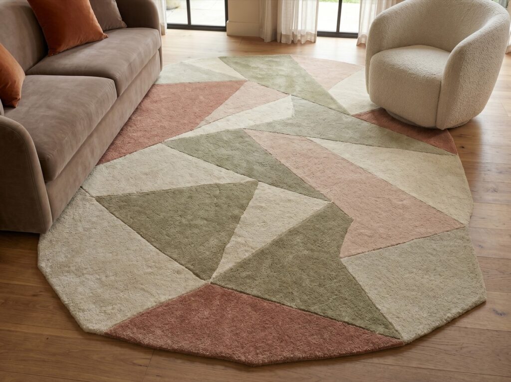 Handmade rug styled in a room, made in India for wholesale