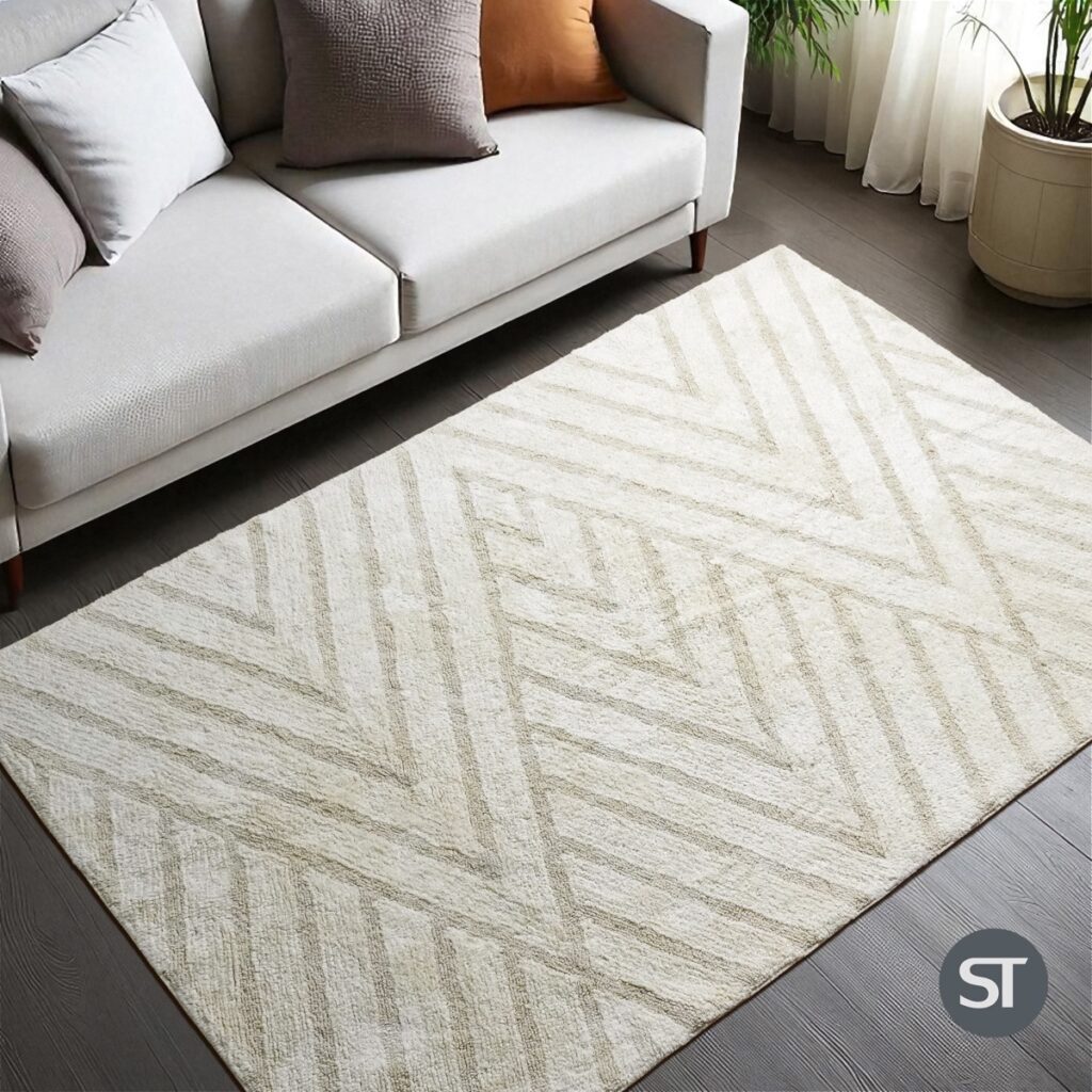 Handmade rug styled in a room, made in India for wholesale