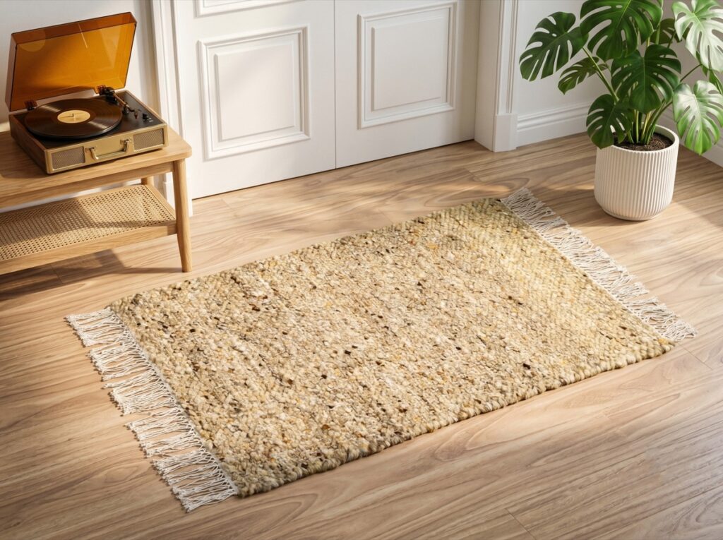 Handmade rug styled in a room, made in India for wholesale