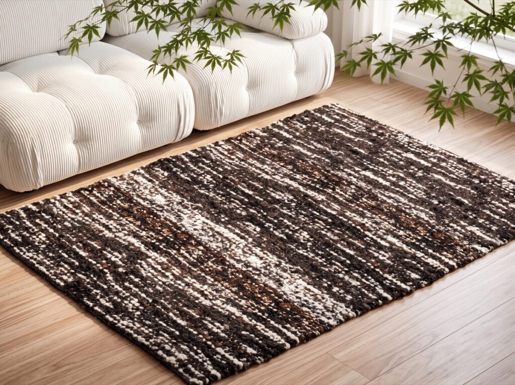 Handmade rug styled in a room, made in India for wholesale