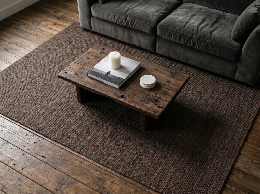 Handmade rug styled in a room, made in India for wholesale