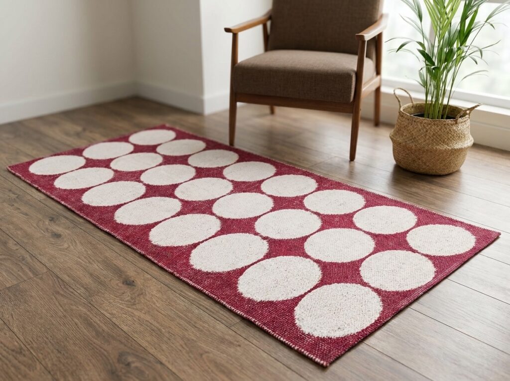 Handmade rug styled in a room, made in India for wholesale