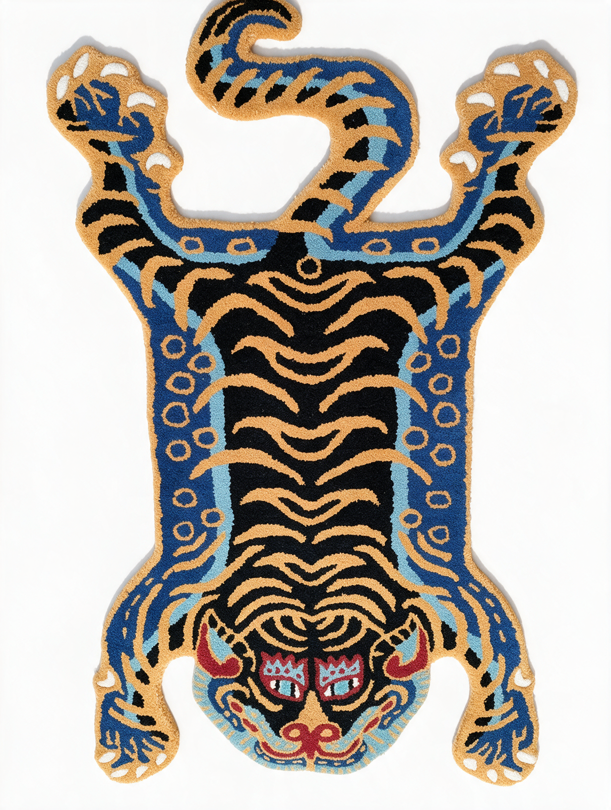 Tibetan Tiger Folk Carpet FCA-26005, hand-tufted wool figure carpet, studio shot on white background