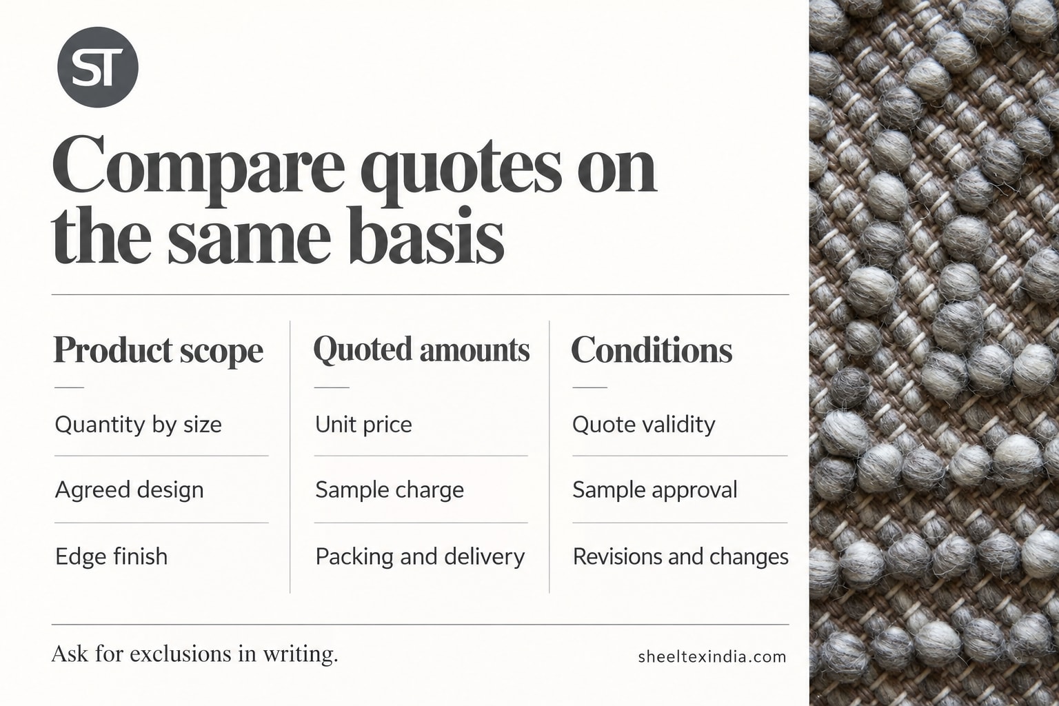 ST-branded quotation checklist covering product scope, quoted amounts and conditions beside a grey rug texture photograph.