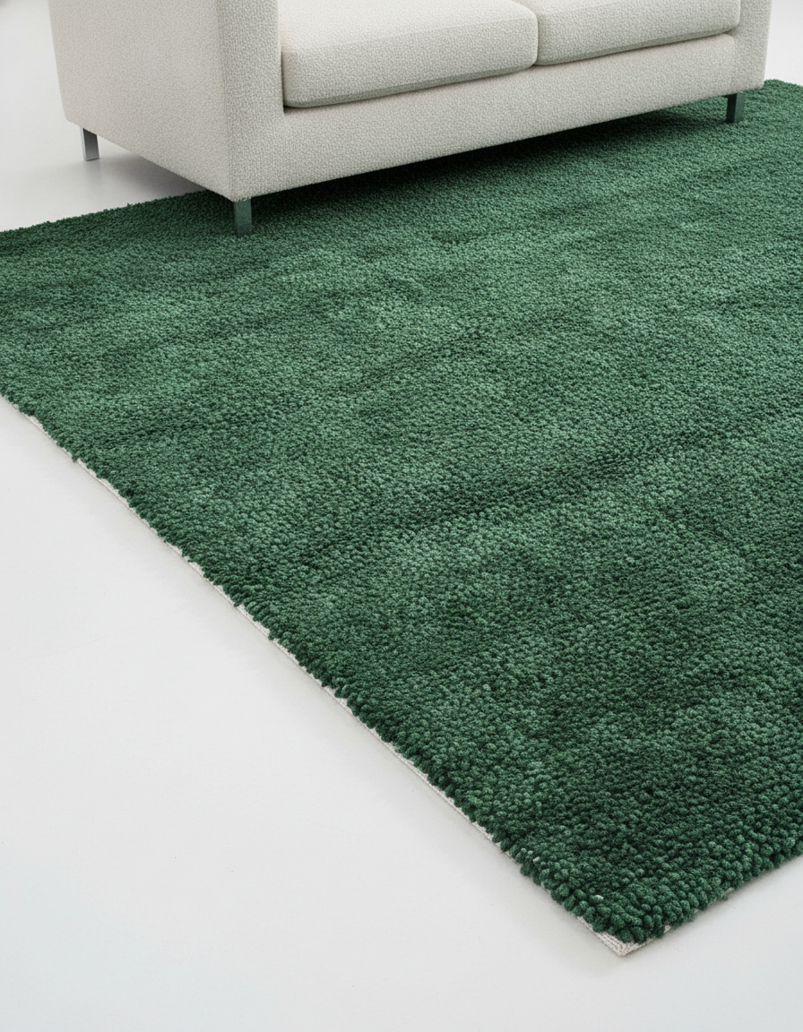 Boucle wool rug in dark green (AWD2613 DK GN) styled in a room