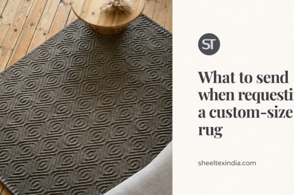 Grey wave-textured rug beside a round wooden coffee table, with the custom-size rug article title and ST branding