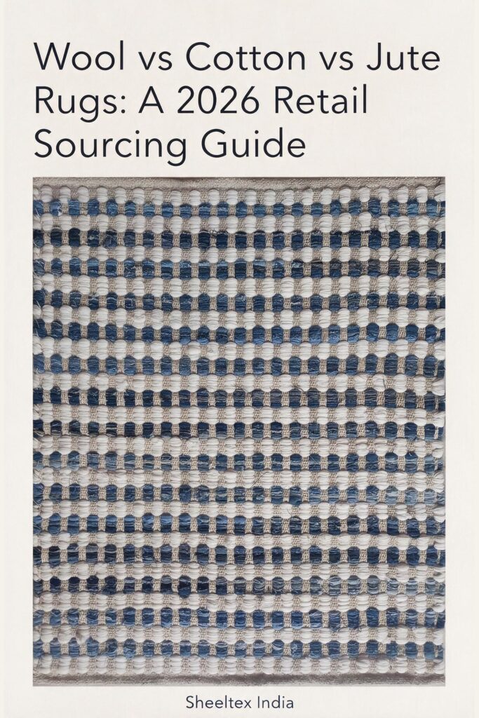 Illustrated cover: Wool vs Cotton vs Jute Rugs: A 2026 Retail Sourcing Guide. Sheeltex India product styled from the source photograph.
