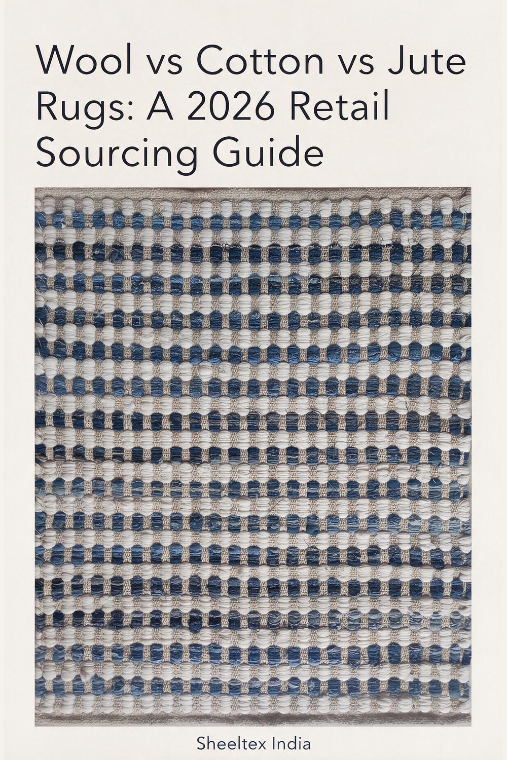Illustrated cover: Wool vs Cotton vs Jute Rugs: A 2026 Retail Sourcing Guide. Sheeltex India product styled from the source photograph.