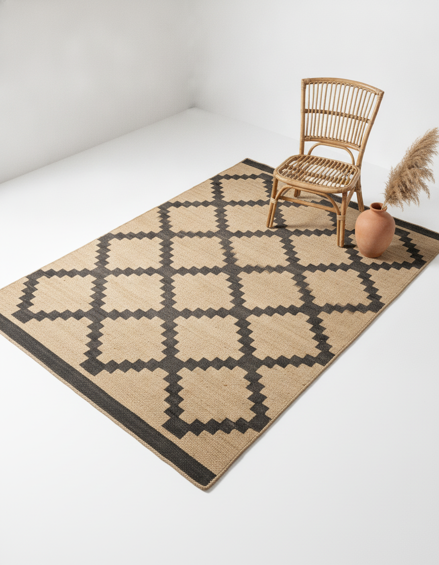Stepped Diamond Field (AJD-26022) handwoven jute rug with stepped diamond geometry