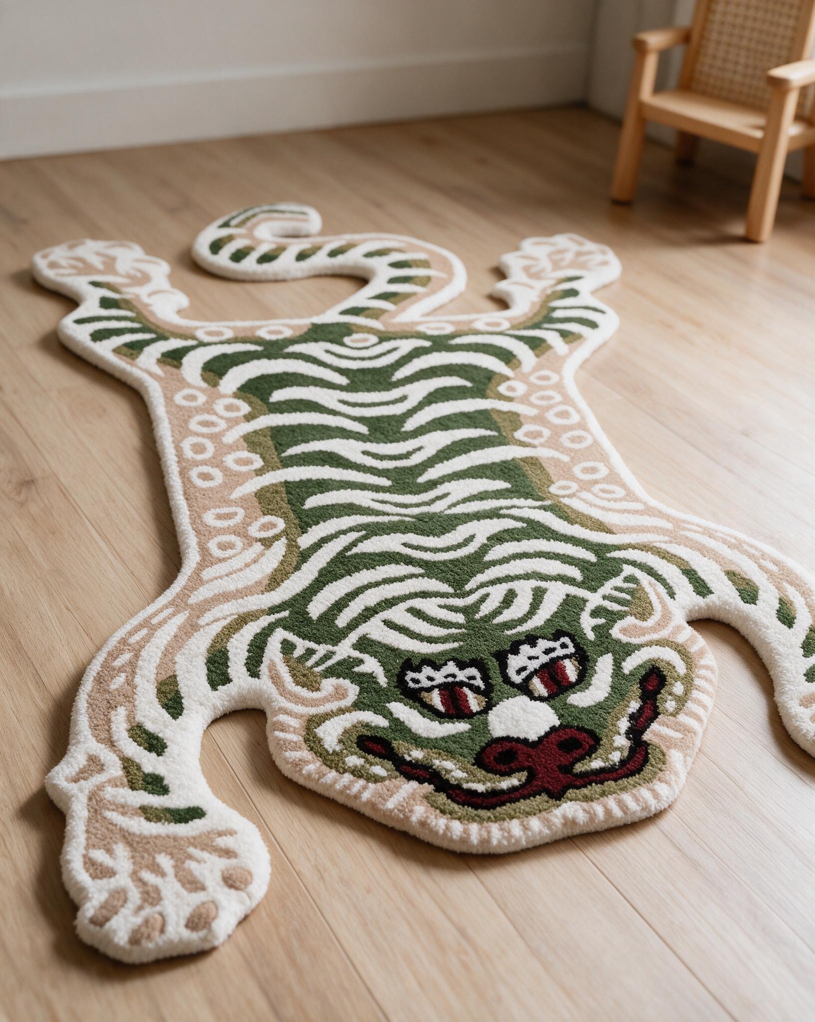 Green Tibetan Tiger figure carpet FCA-26016 styled in a retail interior