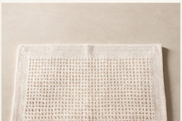 Illustrated cover: How to Spec a Cotton Bath Mat: GSM, Backing, Wash Cycles. Sheeltex India product styled from the source photograph.