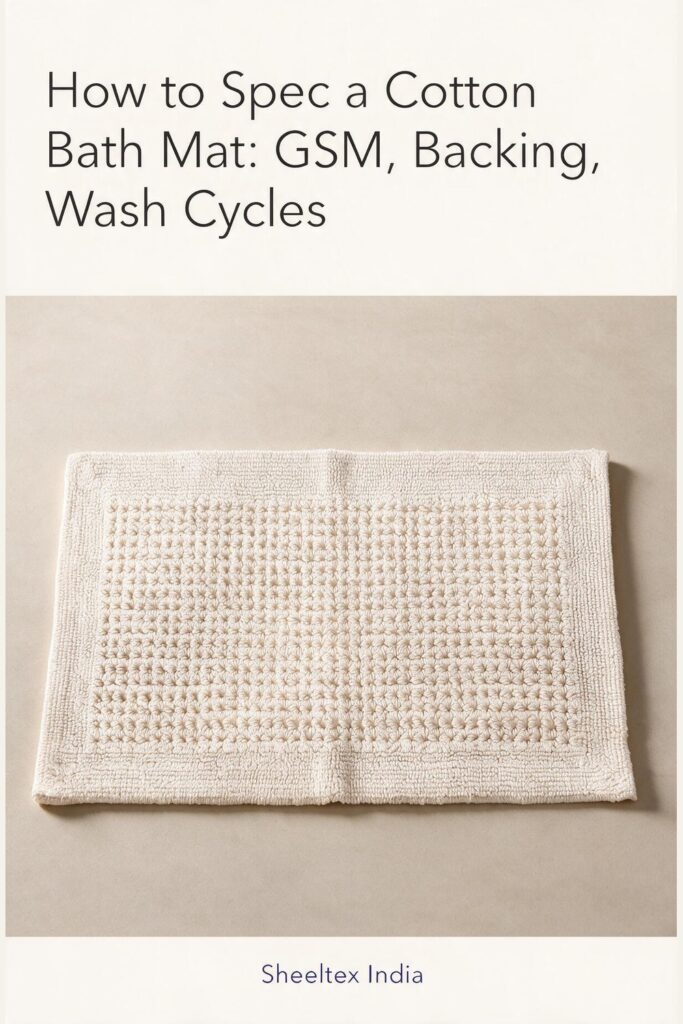Illustrated cover: How to Spec a Cotton Bath Mat: GSM, Backing, Wash Cycles. Sheeltex India product styled from the source photograph.