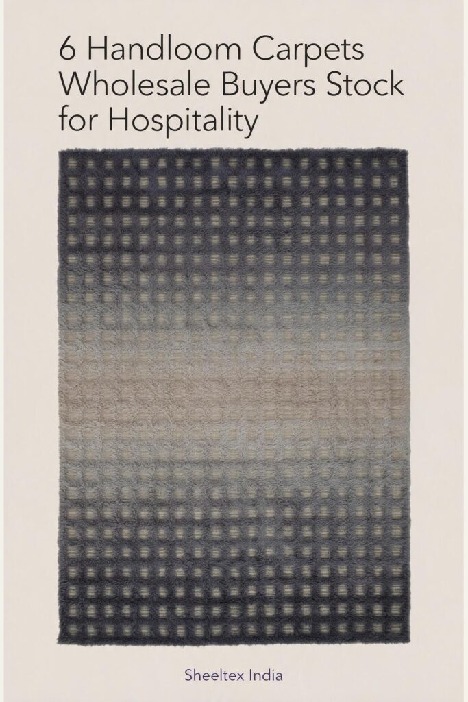 Illustrated cover: 6 Handloom Carpets Wholesale Buyers Stock for Hospitality. Sheeltex India product styled from the source photograph.
