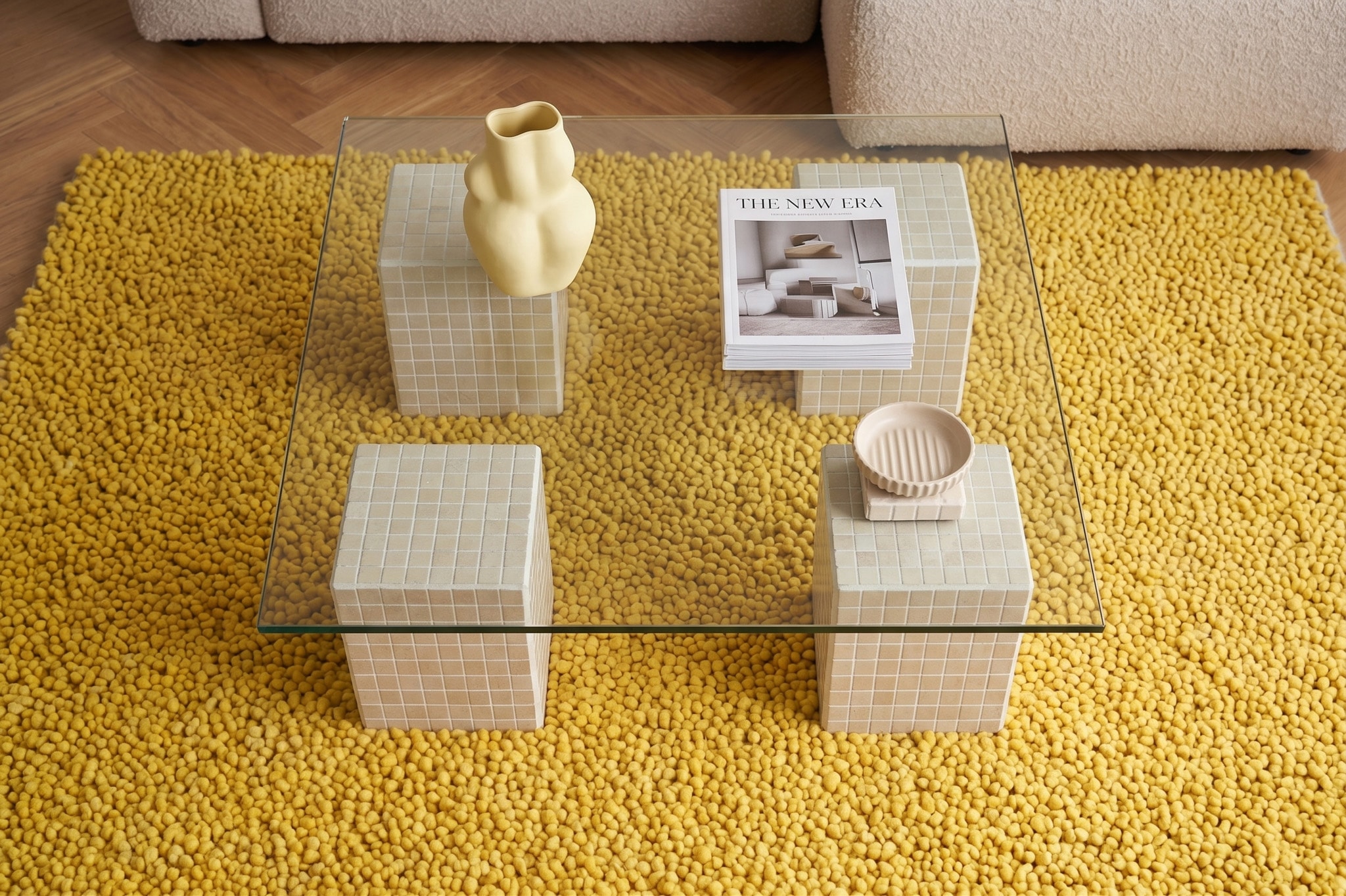 Boucle wool rug in yellow (AWD2613 YL) styled in a room