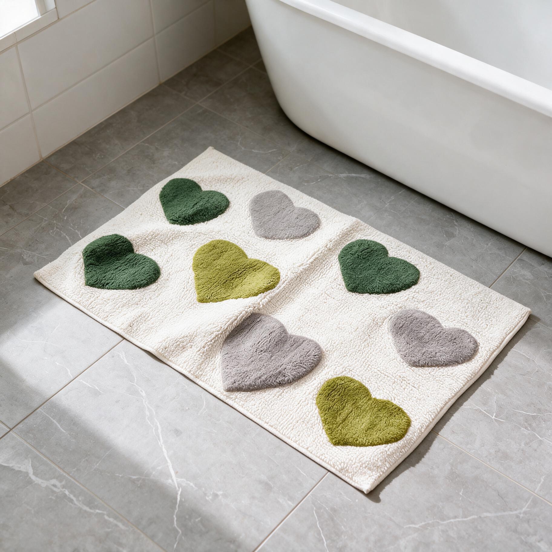 Hearts Bathmat ACB-26001 hand-tufted cotton bathmat styled in a bathroom