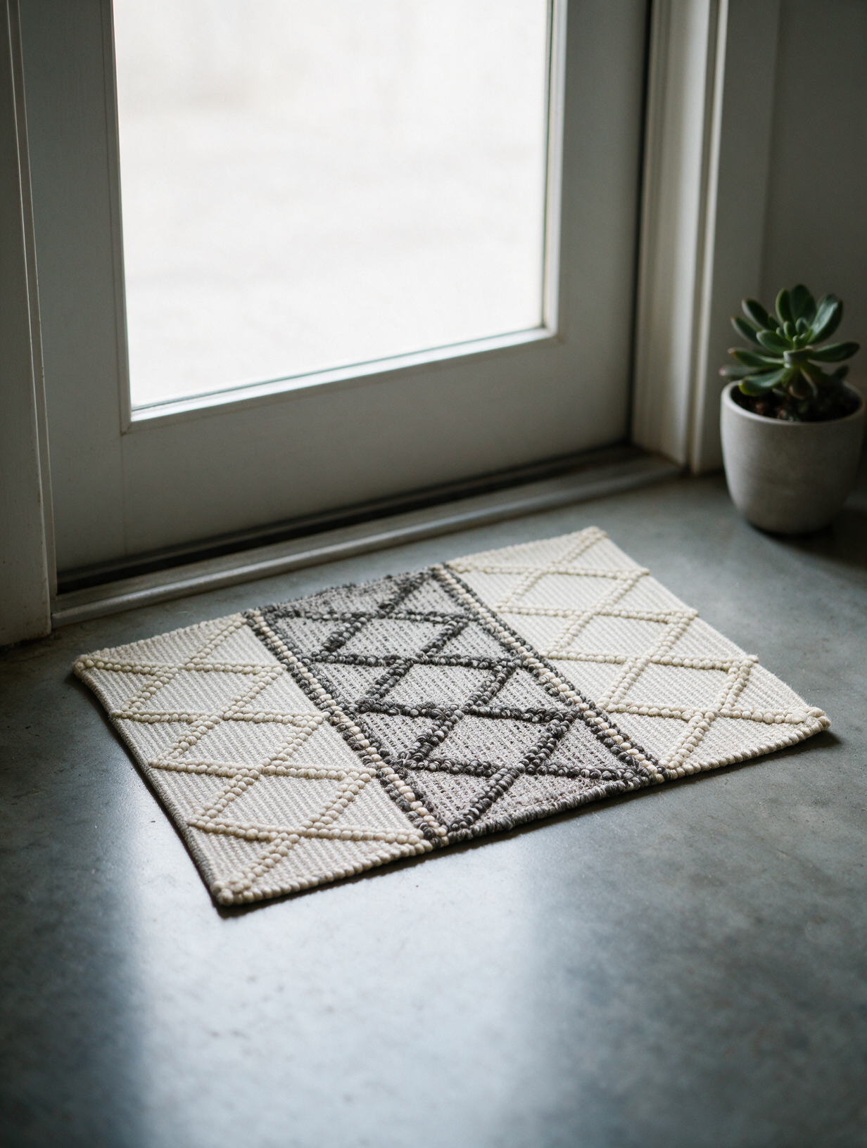 Ashlar-pattern wool rug (AWD2697) styled in a room, showing carved geometric hand-tufted construction