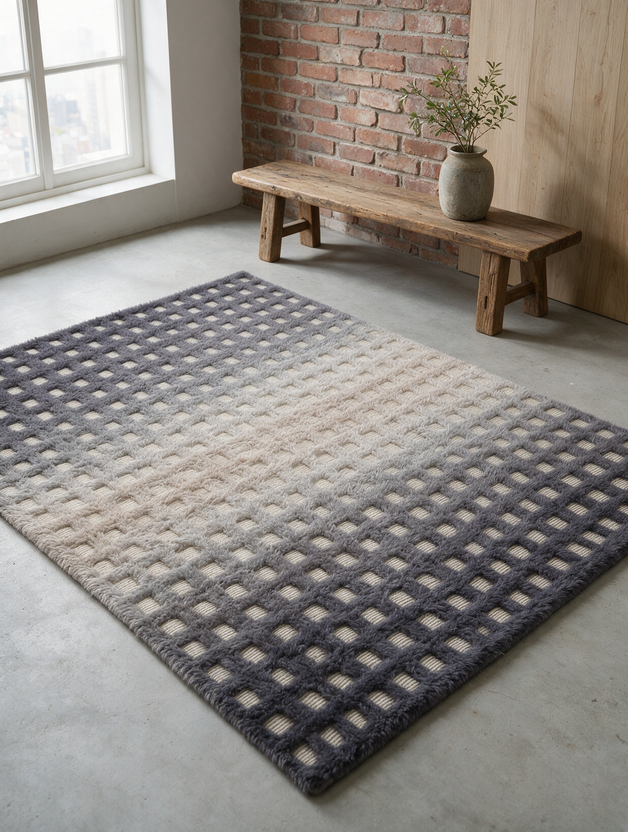 Ombre shaggy checkered wool carpet AHL-26009 styled in a living room setting