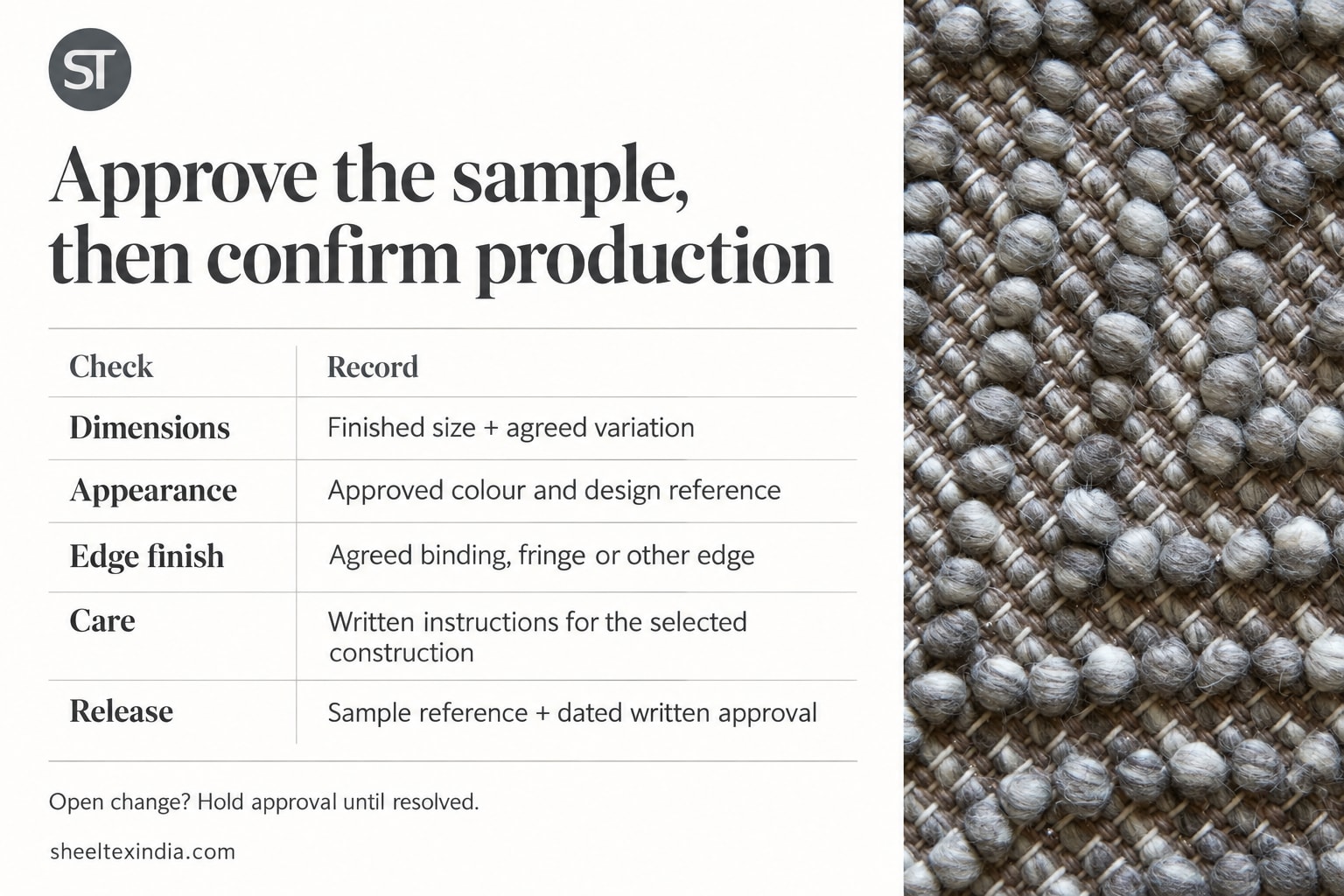ST-branded sample-approval checklist for dimensions, appearance, edge finish, care and a dated written approval.